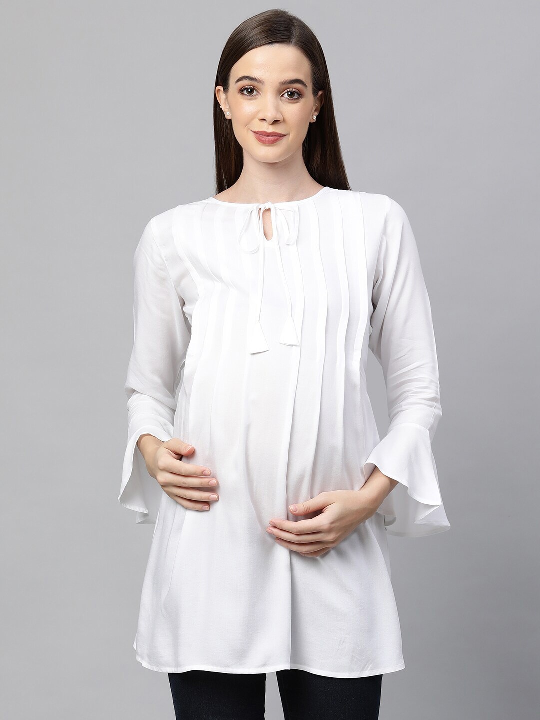 

MomToBe White Tie-Up Neck A-Line Longline Nursing Top