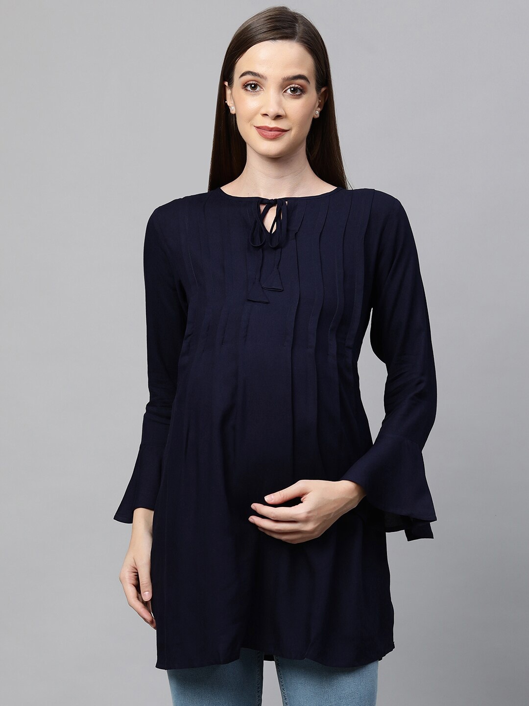 

MomToBe Navy Blue Tie-Up Neck Nursing A-Line Top