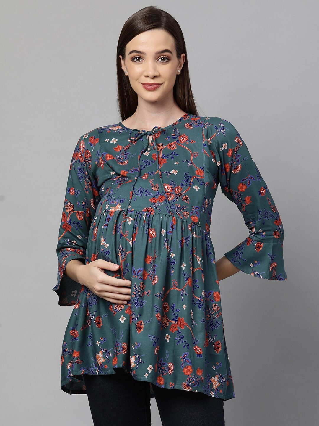 

MomToBe Green & Red Floral Printed Nursing A-Line Sustainable Top