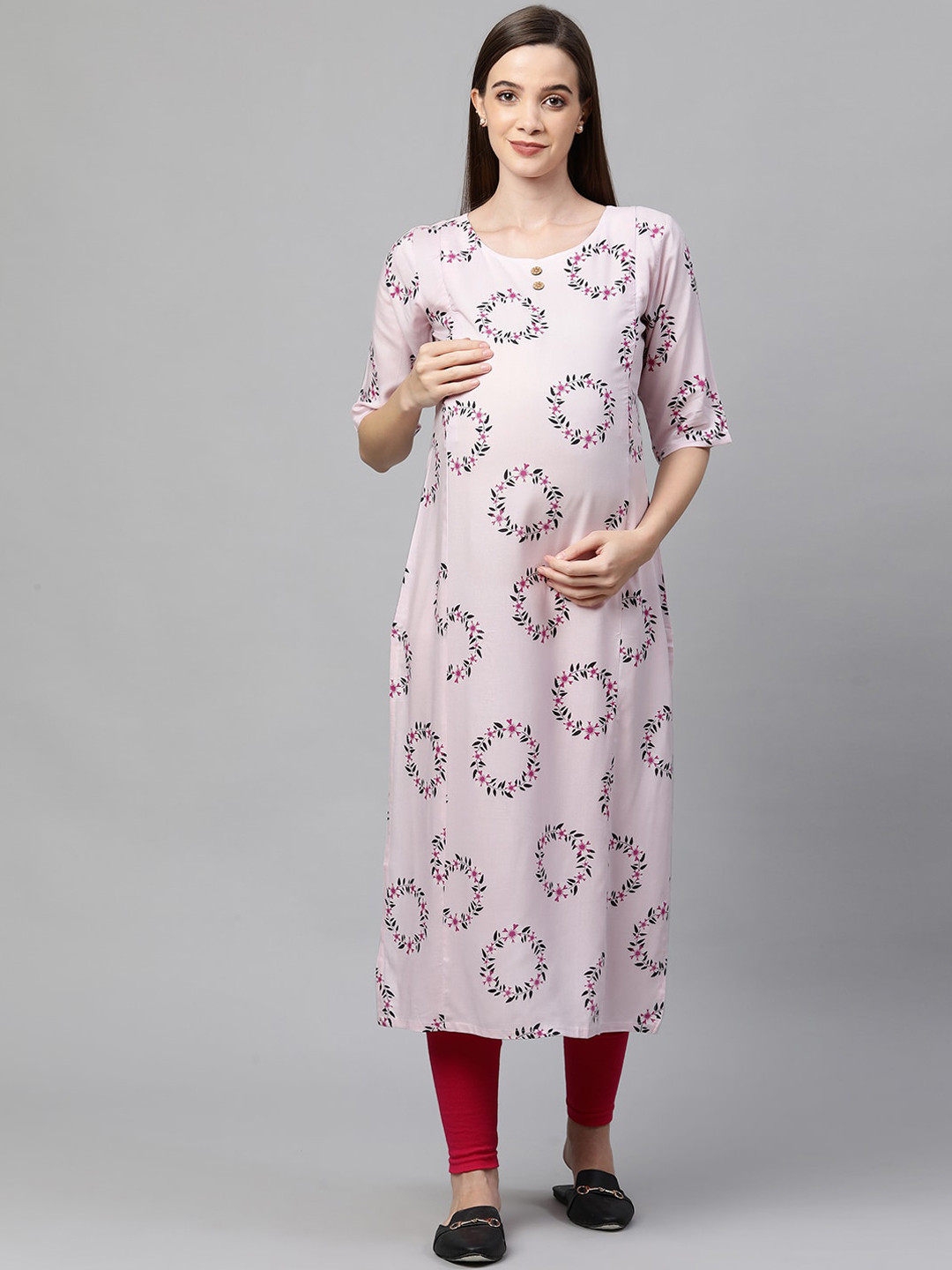 

MomToBe Women Pink & Black Floral Printed Maternity Nursing Kurta