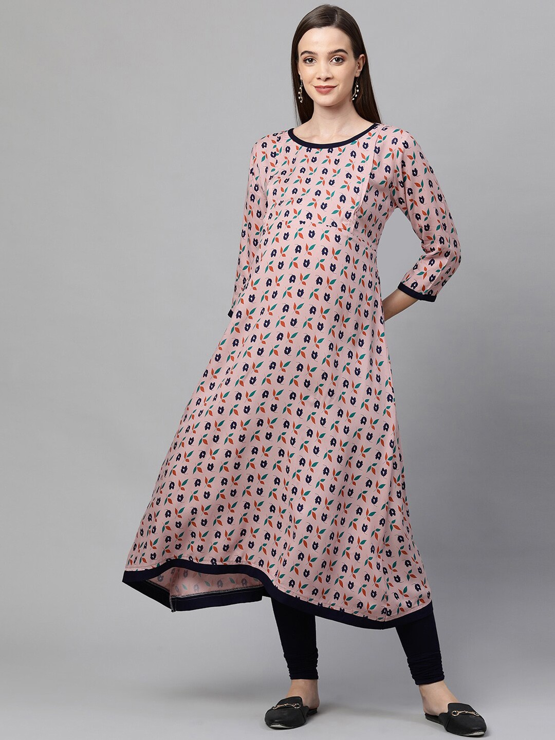 

MomToBe Women Pink Floral Printed Maternity Nursing Anarkali Sustainable Kurta