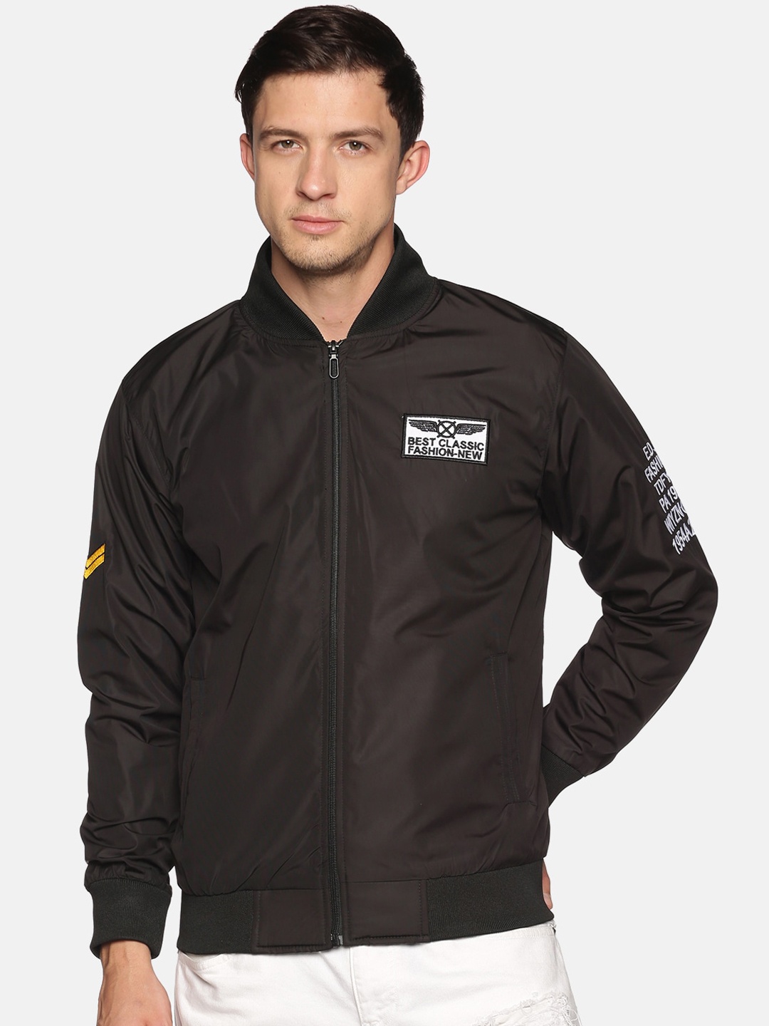 

SHOWOFF Men Black Typography Windcheater Outdoor Bomber with Patchwork Jacket