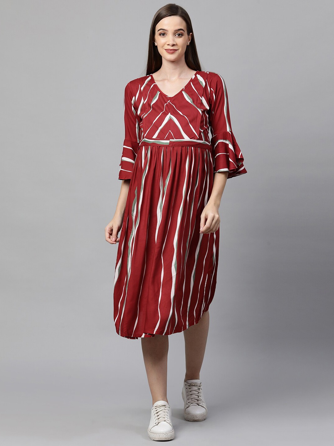 

MomToBe Striped Maternity A-Line Midi Nursing Dress, Maroon