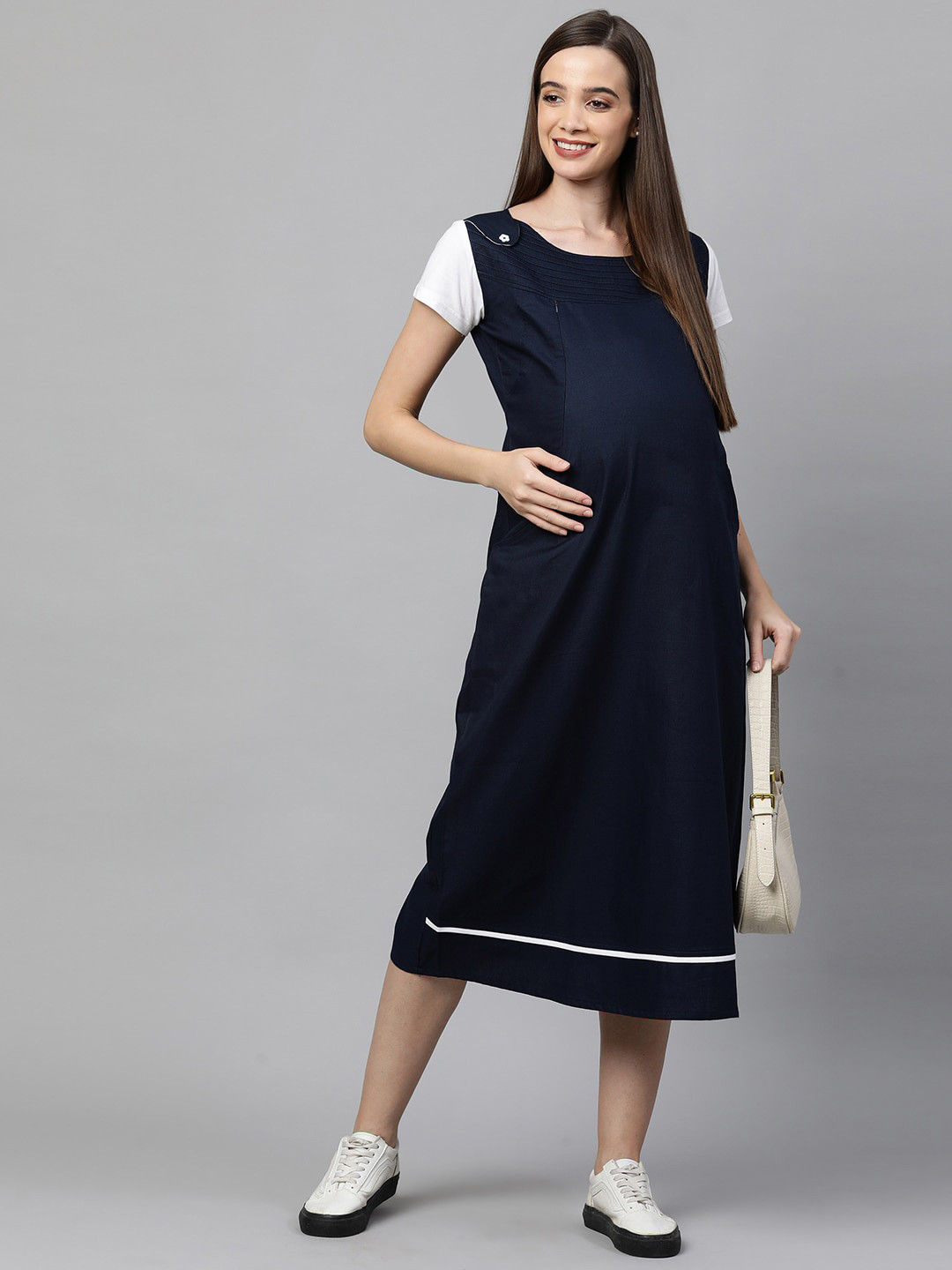 

MomToBe Navy Blue Maternity Cotton A-Line Midi Nursing Dress