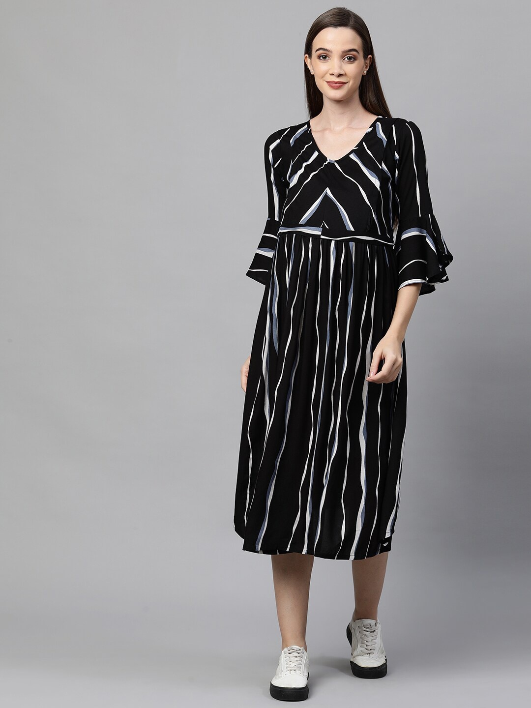 

MomToBe Black Striped Maternity Midi Nursing Sustainable Dress