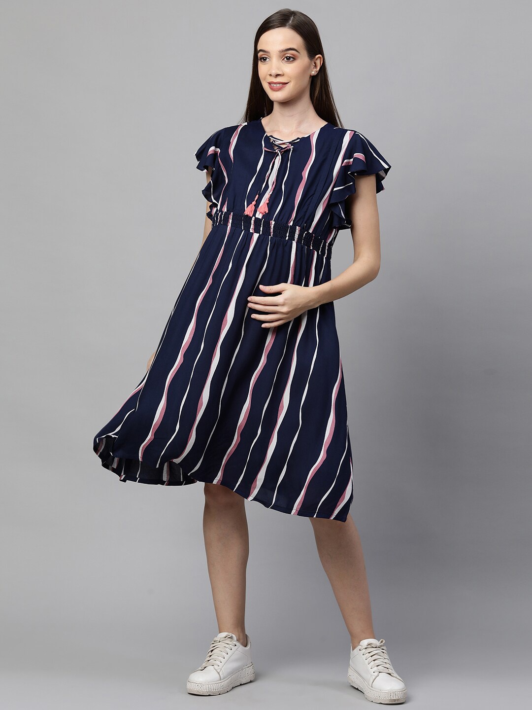 

MomToBe Women Blue Striped Maternity Nursing A-Line Sustainable Dress