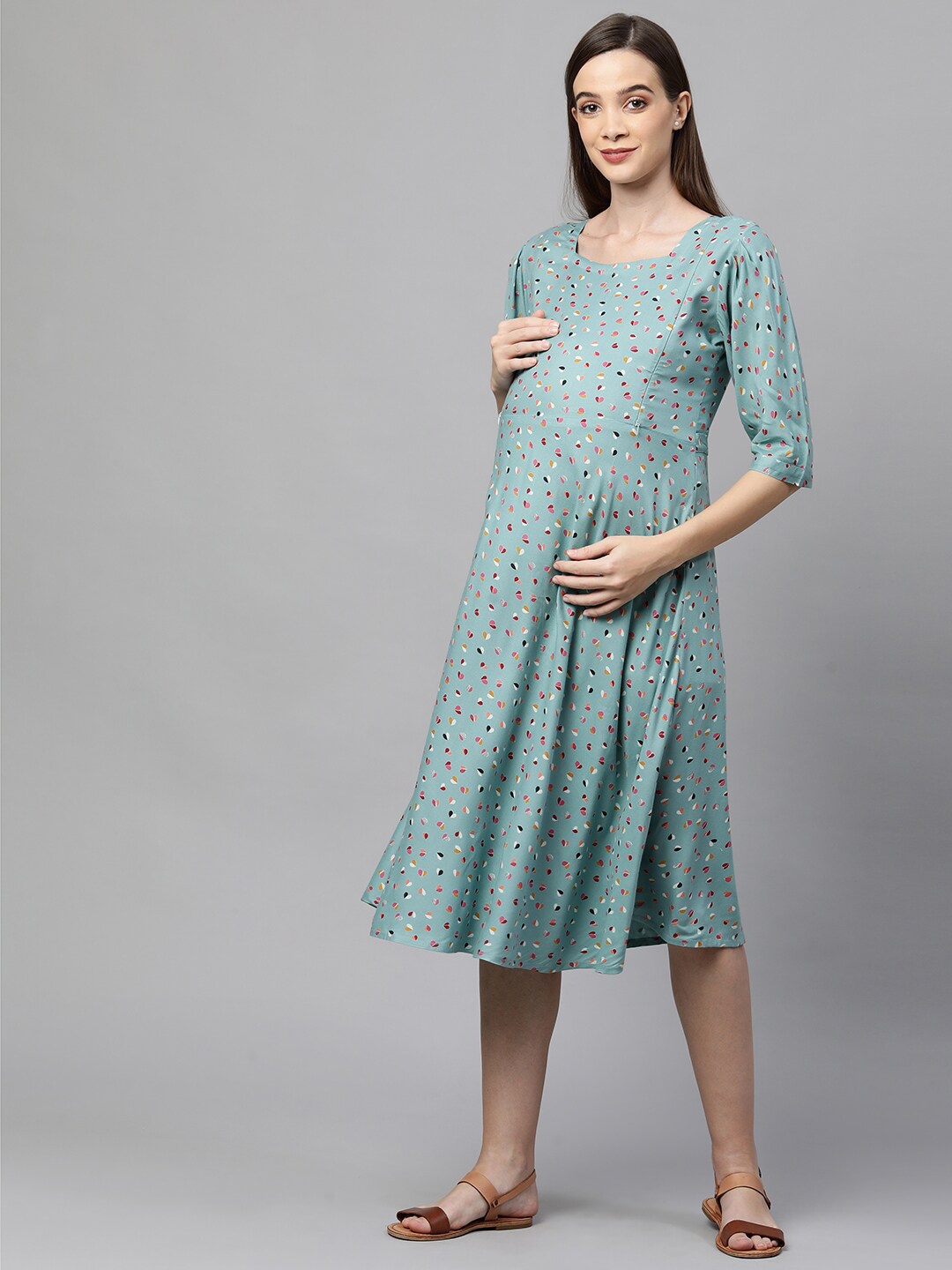 

MomToBe Women Green Floral Maternity Nursing A-Line Midi Dress