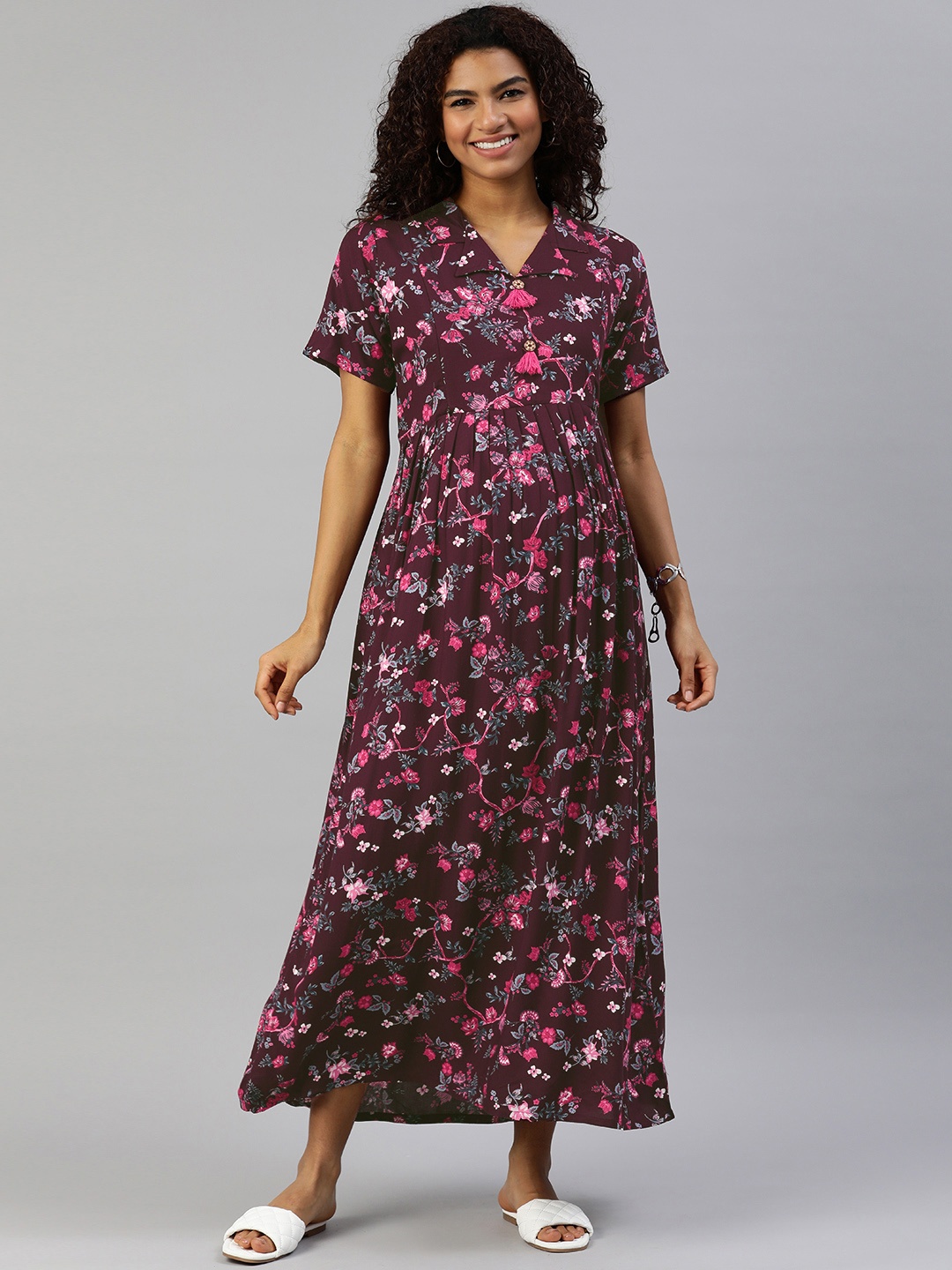 

MomToBe Burgundy Floral Maternity Maxi Nursing Sustainable Dress