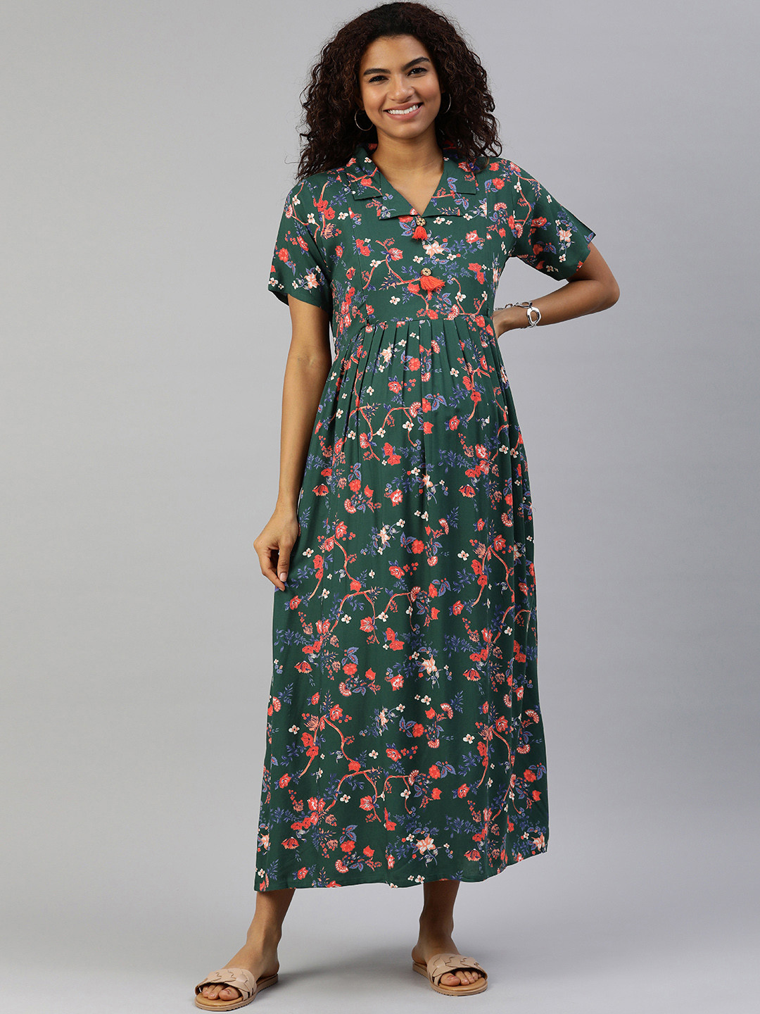 

MomToBe Floral Printed Maternity Maxi Sustainable Dress, Green
