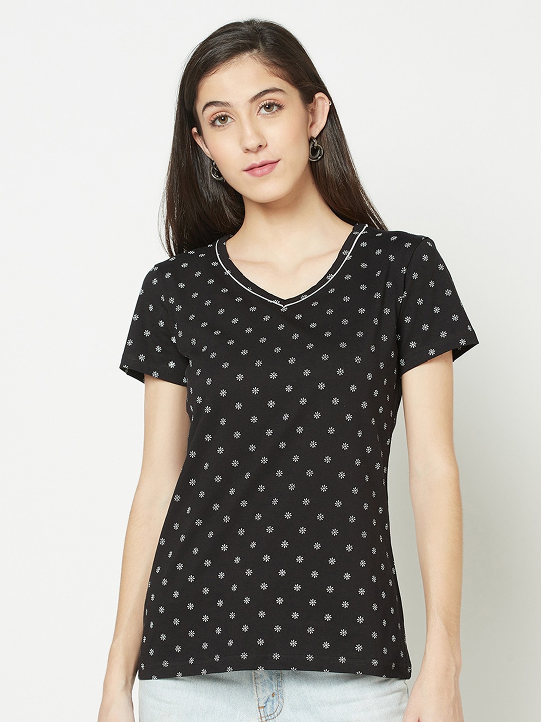 

Espresso Women Black Printed V-Neck T-shirt