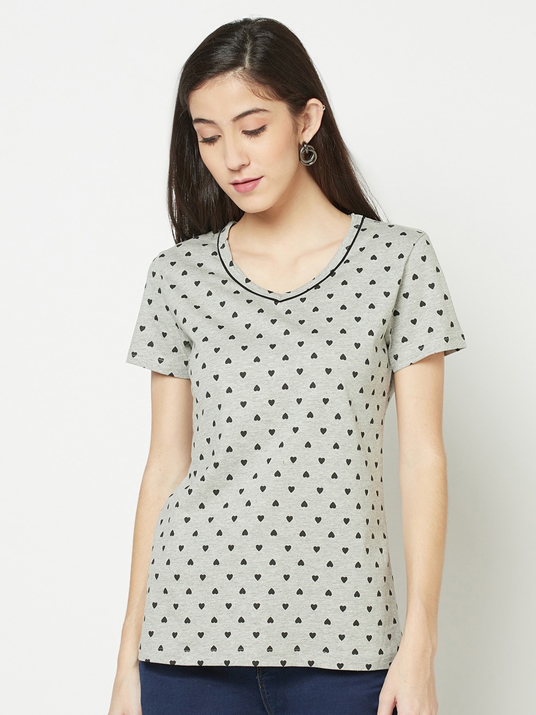 

Espresso Women Grey Melange Printed Cotton T-shirt