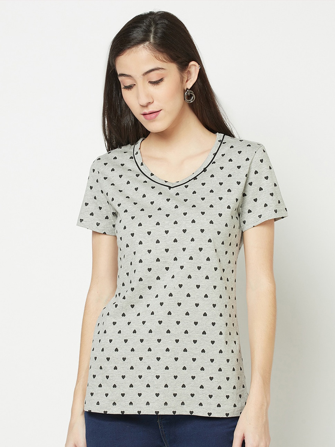 

Espresso Women Grey Melange & Black Printed V-neck T-shirt