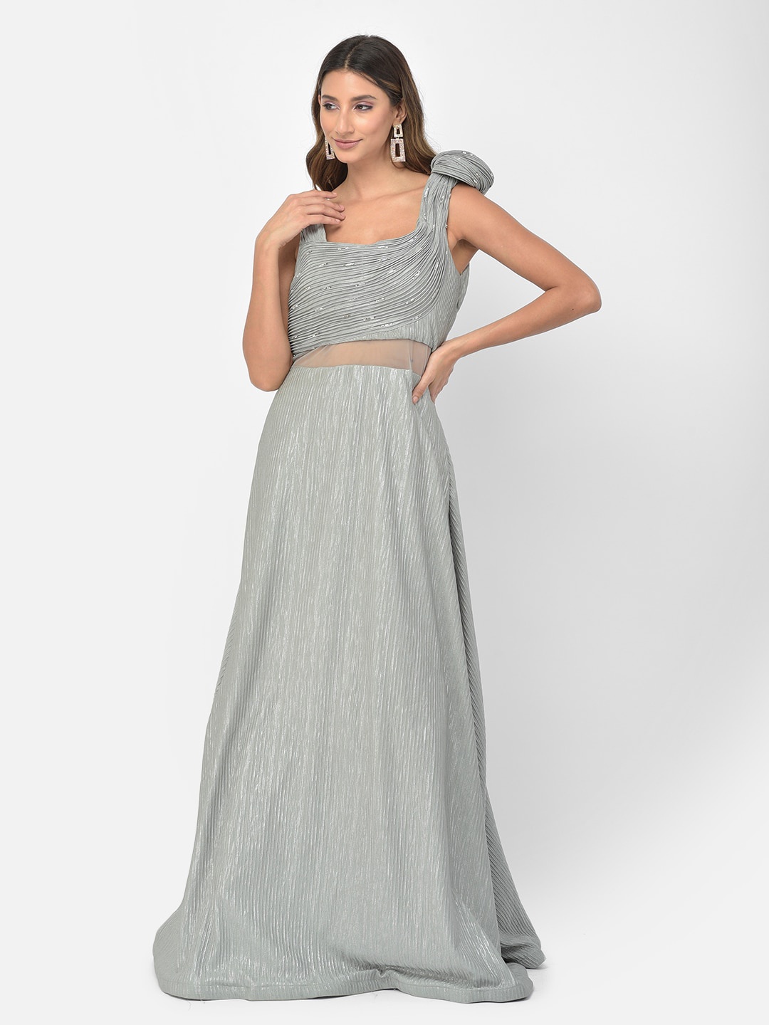

Neerus Green Embellished Satin Maxi Dress