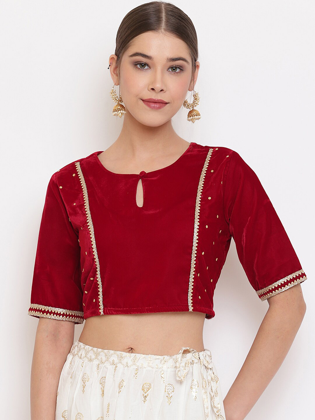 

Janasya Maroon Solid Velvet Saree Blouse