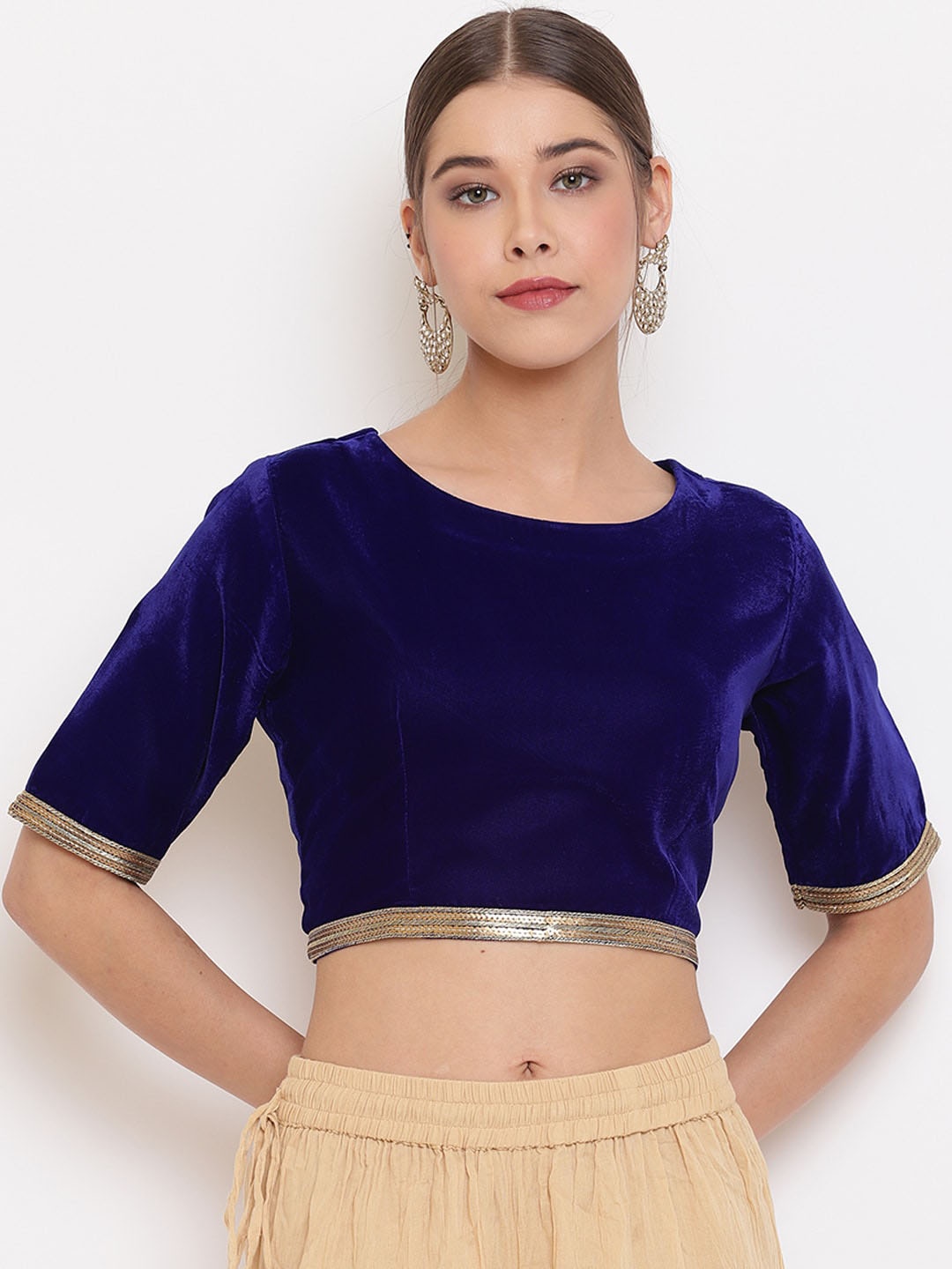 

Janasya Women Navy Blue Solid Velvet Stitched Saree Blouse