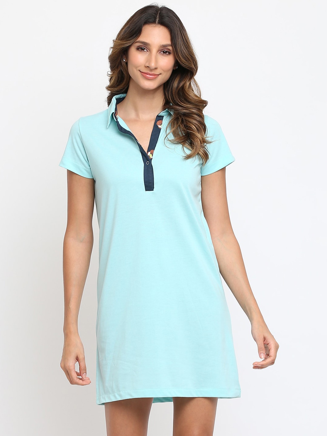 

am ma Blue & Brown Solid Shirt Collar T-shirt Dress