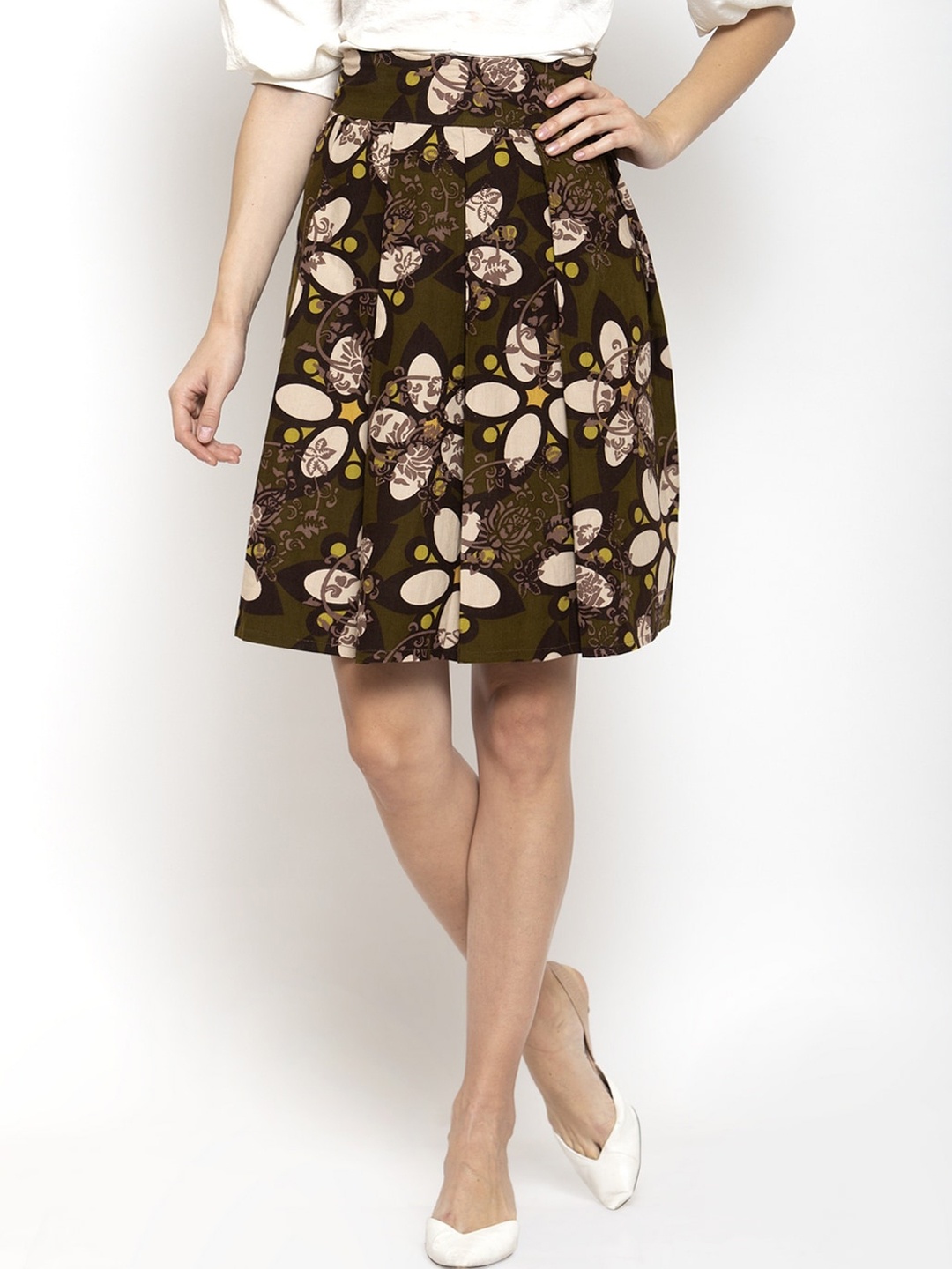 

Purple State Women Green & White Printed Flared Above Knee Length Pure Cotton Skirt