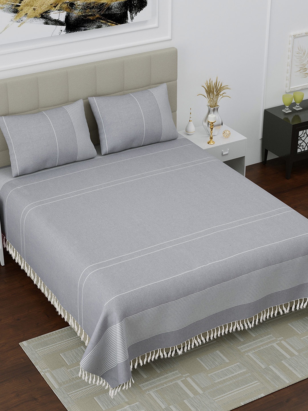 

Varde Grey & White Striped 160 TC King Bedsheet with 2 Pillow Covers