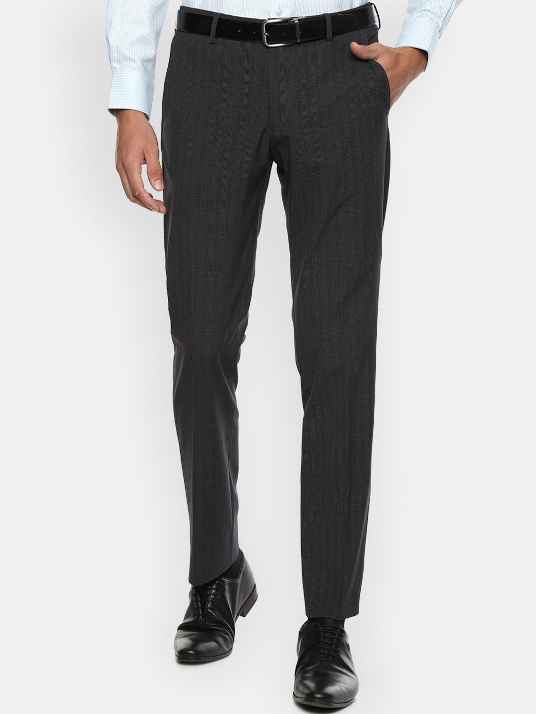 

Louis Philippe Men Grey Striped Slim Fit Formal Trousers