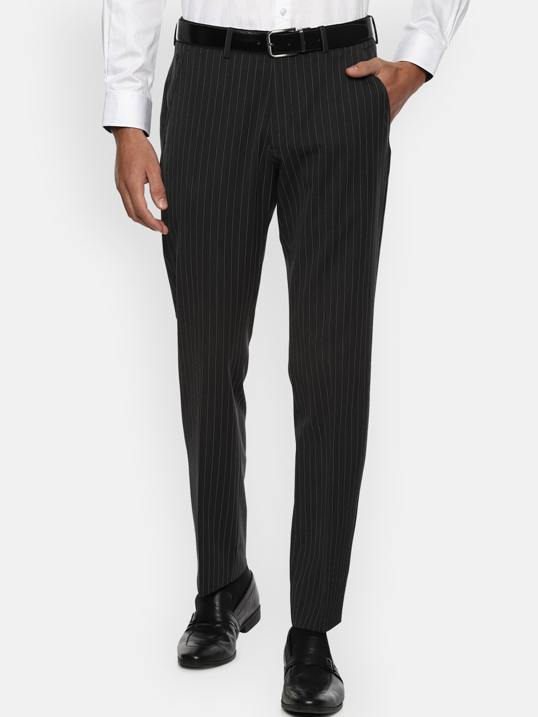 

Louis Philippe Permapress Men Black Striped Formal Trousers