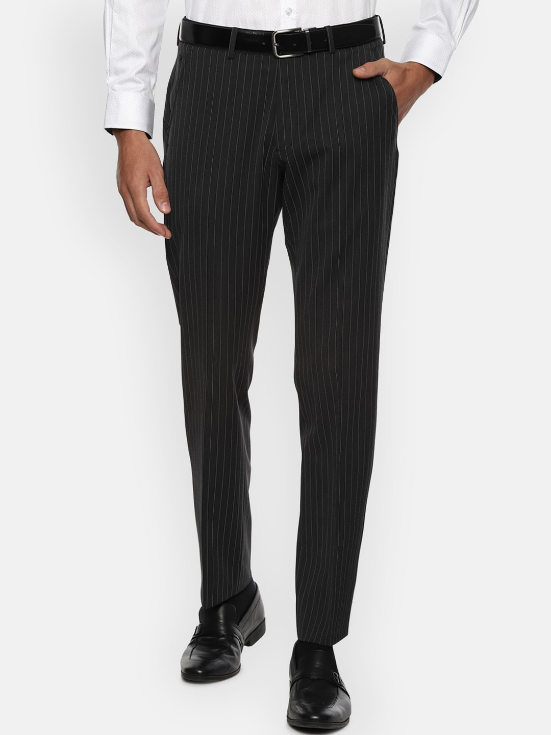 

Louis Philippe Permapress Men Black & White Striped Formal Trousers