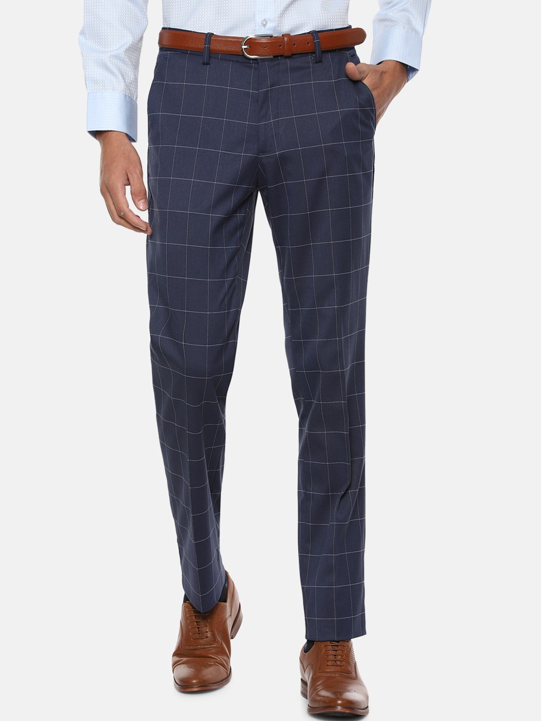 

Louis Philippe Men Navy Blue & White Checked Slim Fit Formal Trousers