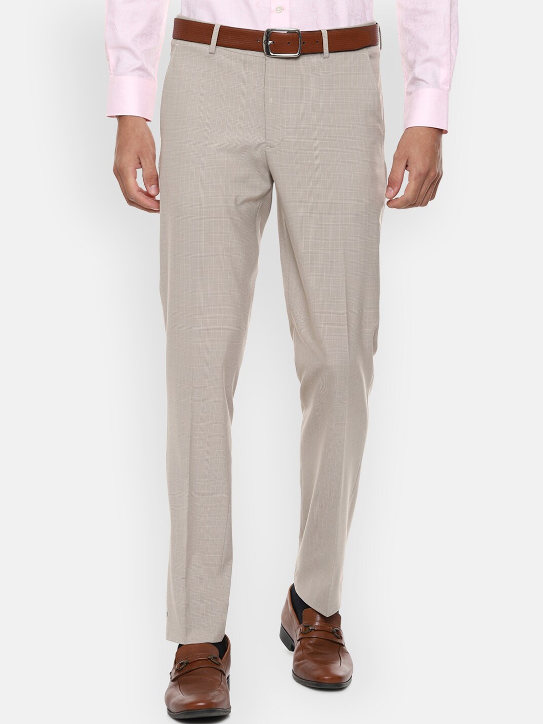 

Louis Philippe Men Beige Checked Slim Fit Formal Trousers