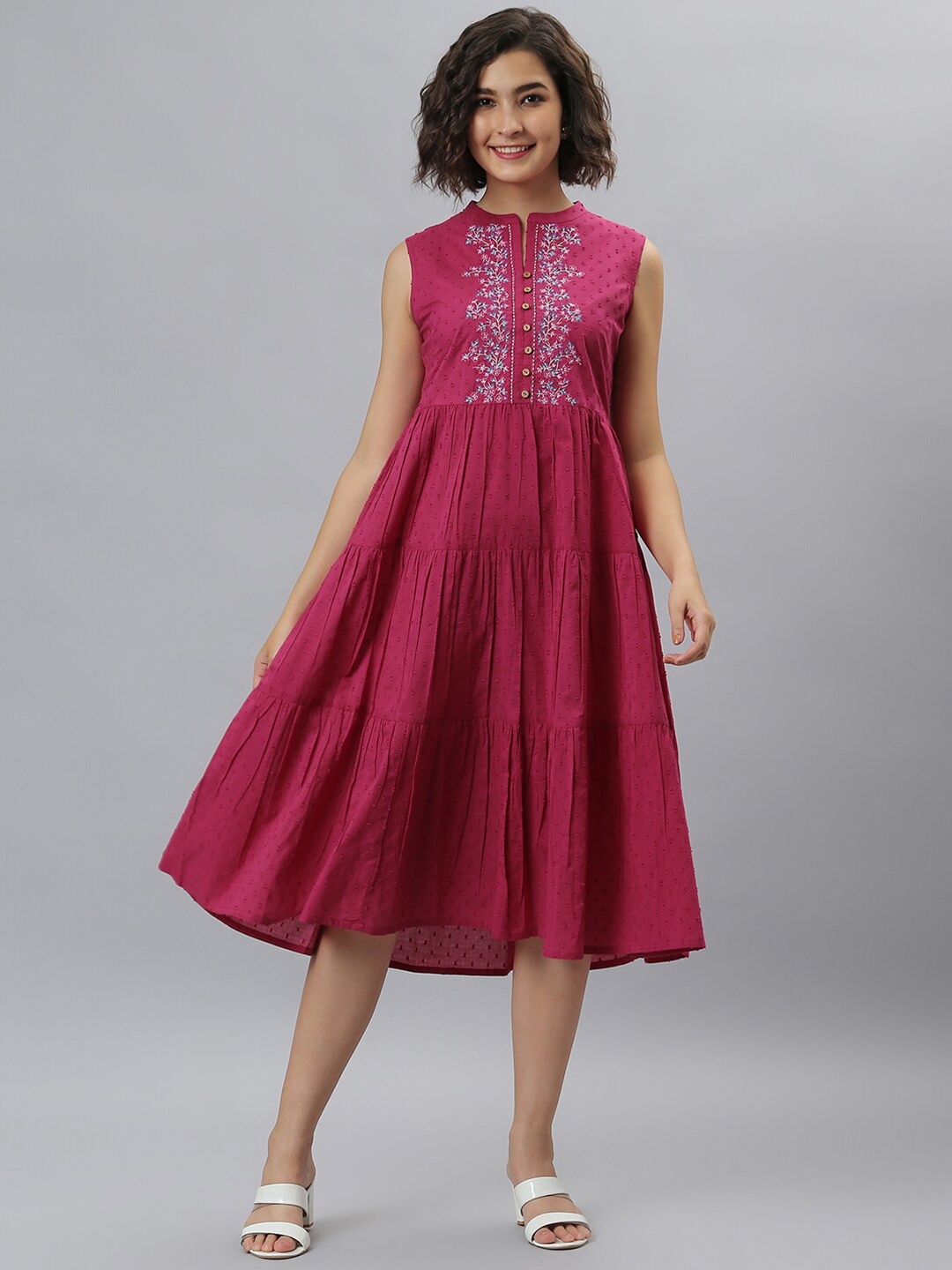 

Janasya Pink Floral Embroidered A-Line Midi Dress