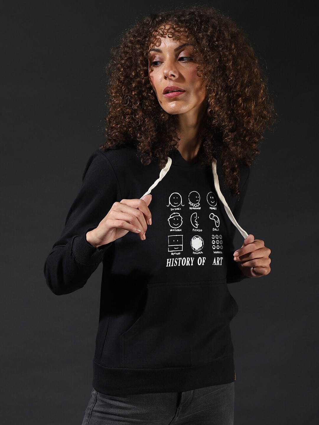 

Campus Sutra Women Black Printed Hooded Sweatshirt