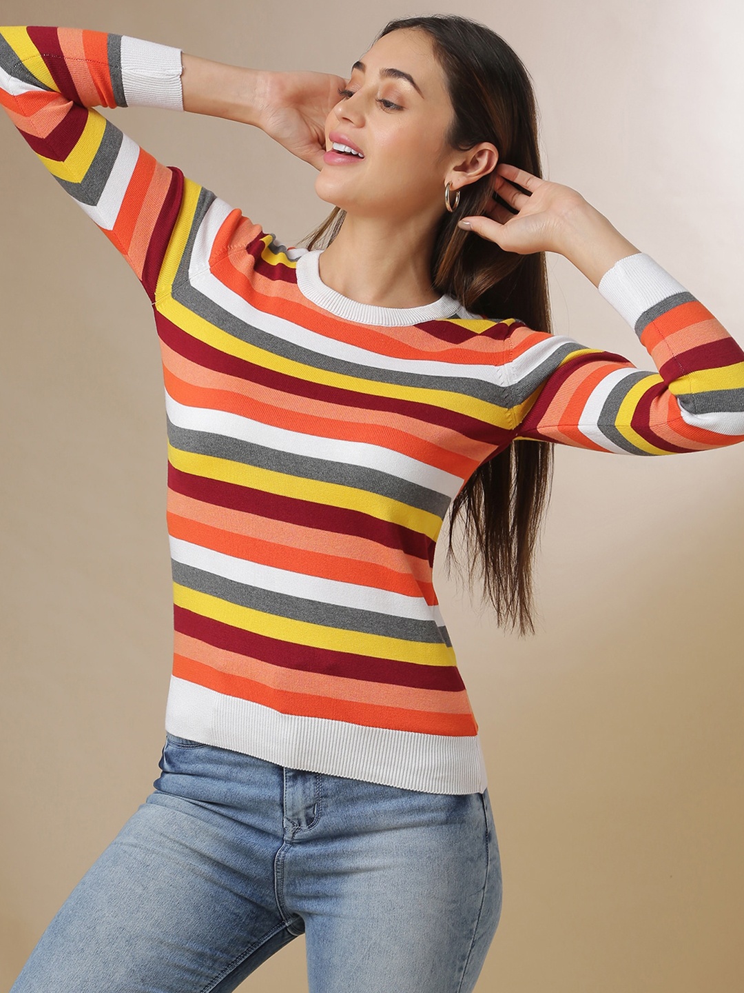 

Campus Sutra Women Red & White Striped Pullover