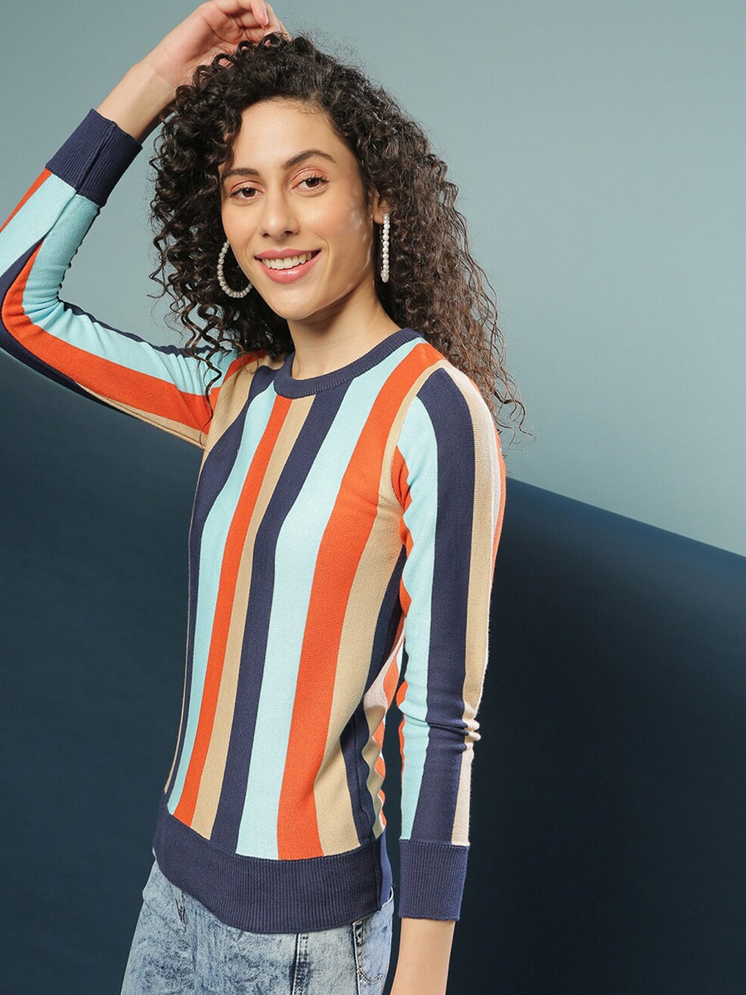 

Campus Sutra Women Orange & Blue Striped Pullover