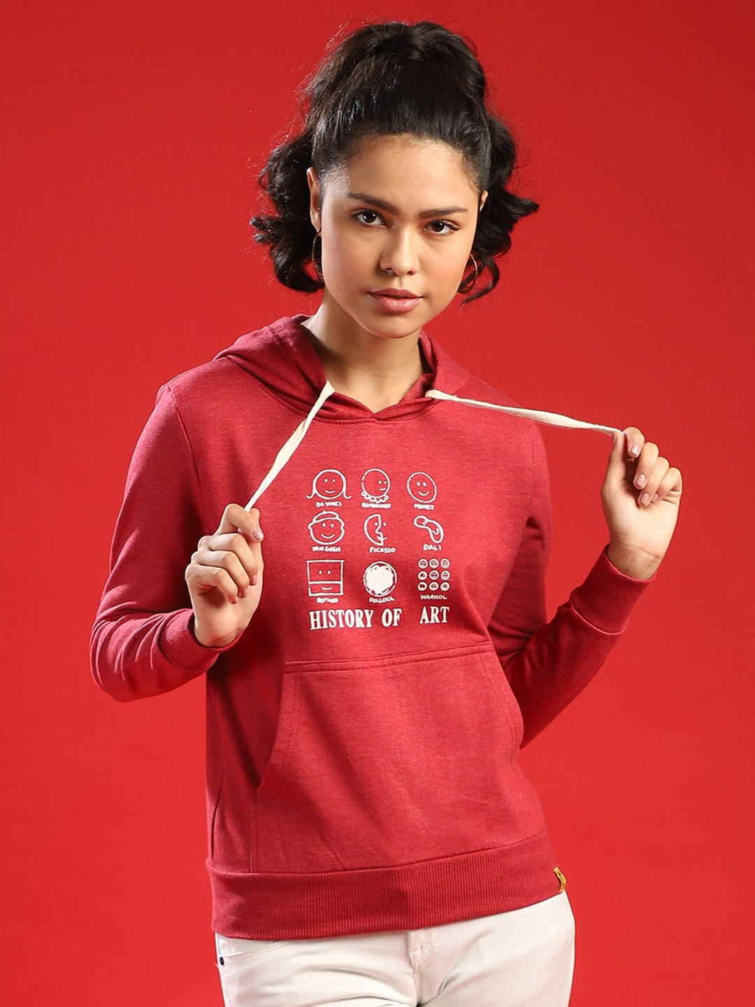 

Campus Sutra Women Maroon Printed Hooded Cotton Sweatshirt