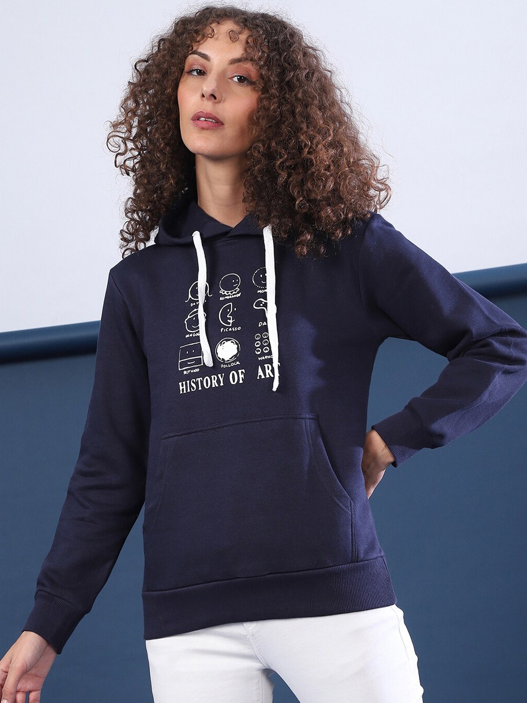 

Campus Sutra Women Navy Blue Printed Hooded Sweatshirt