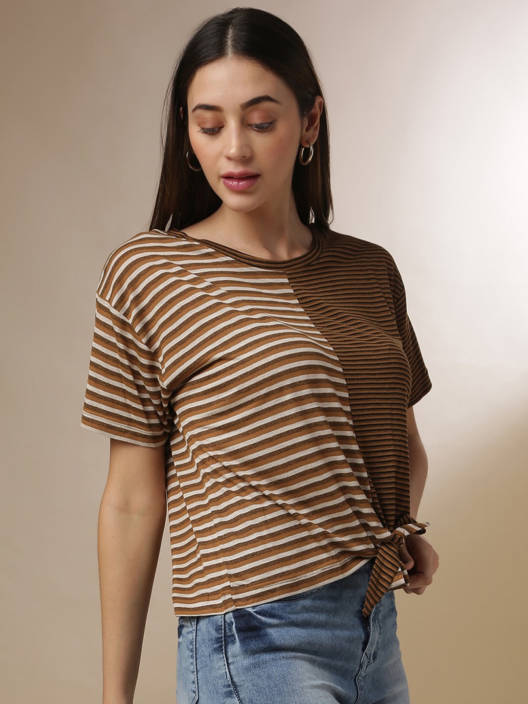 

Campus Sutra Brown Striped Extended Sleeves Regular Top