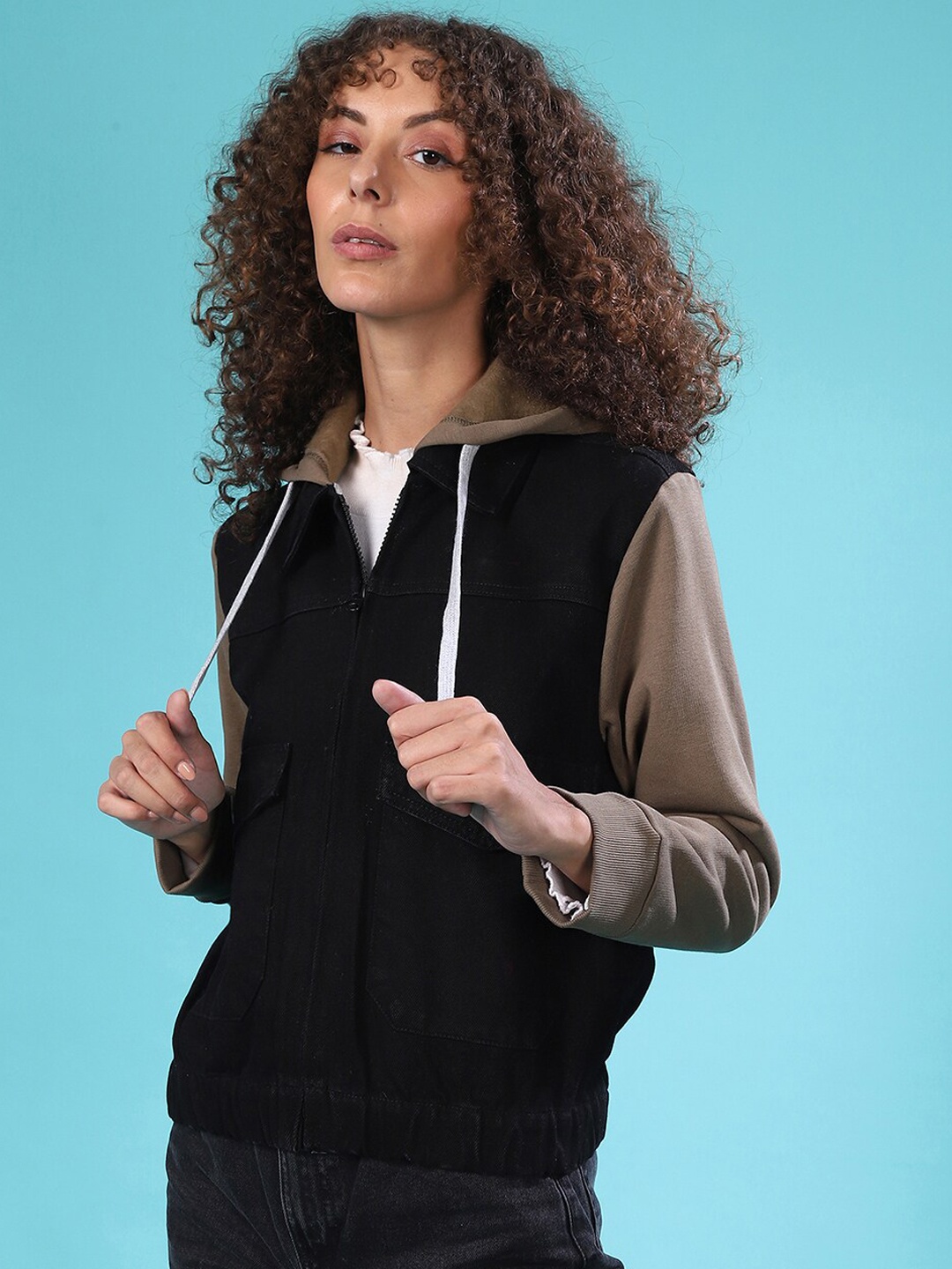 

Campus Sutra Women Black Grey Windcheater Bomber Jacket