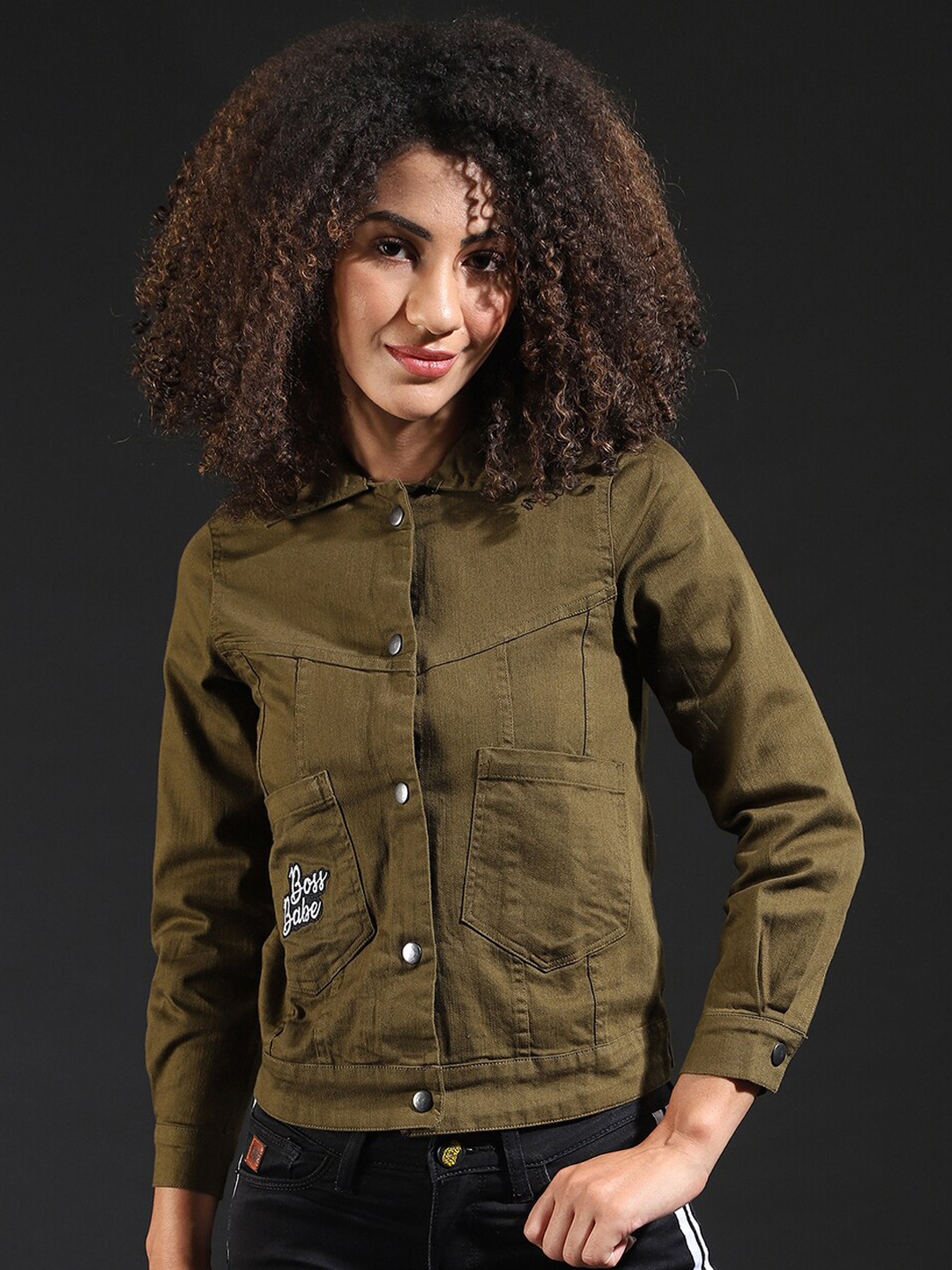 

Campus Sutra Women Green Windcheater Crop Bomber Jacket
