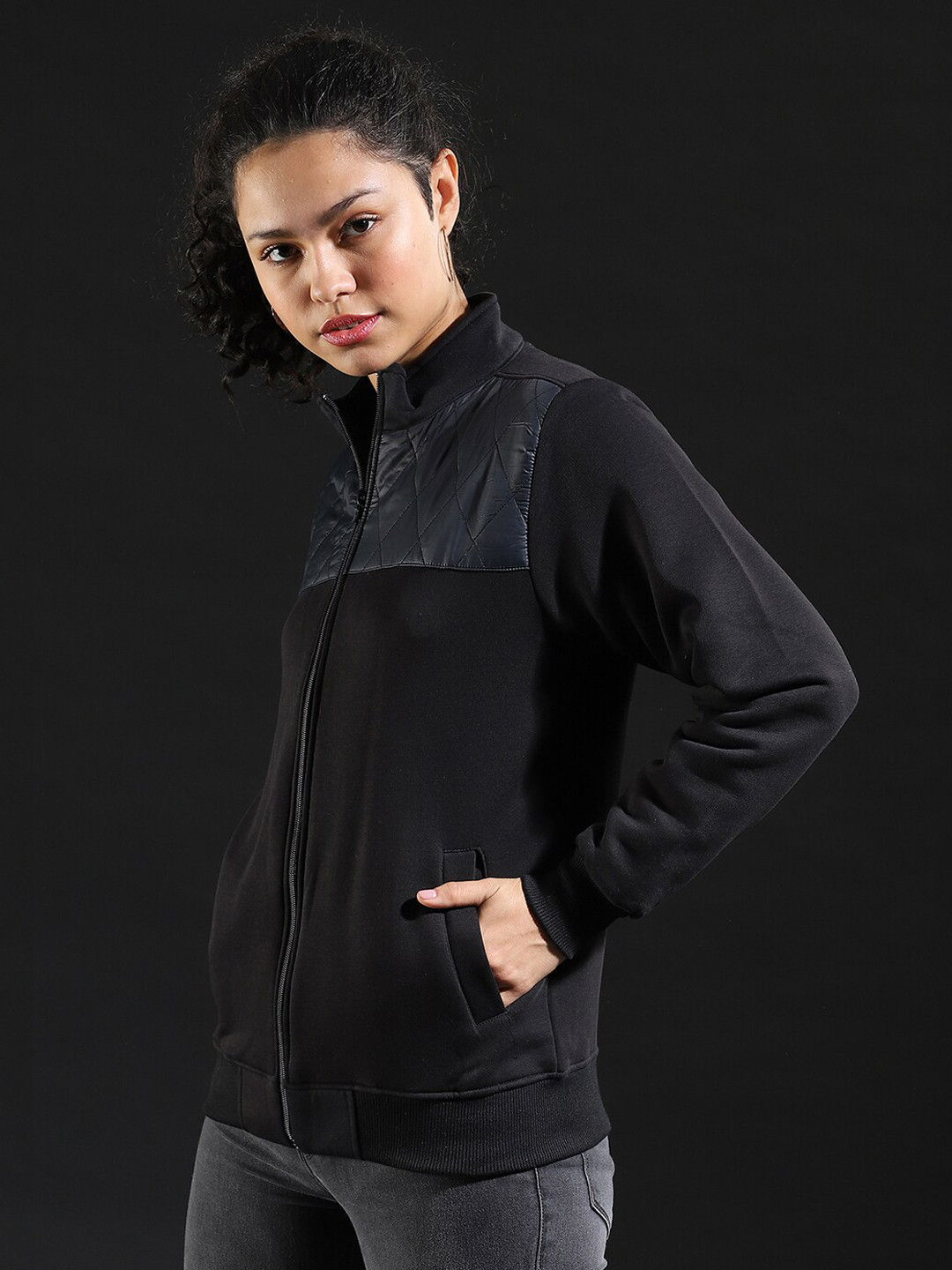 

Campus Sutra Women Black Solid Stand Collar Bomber Jacket