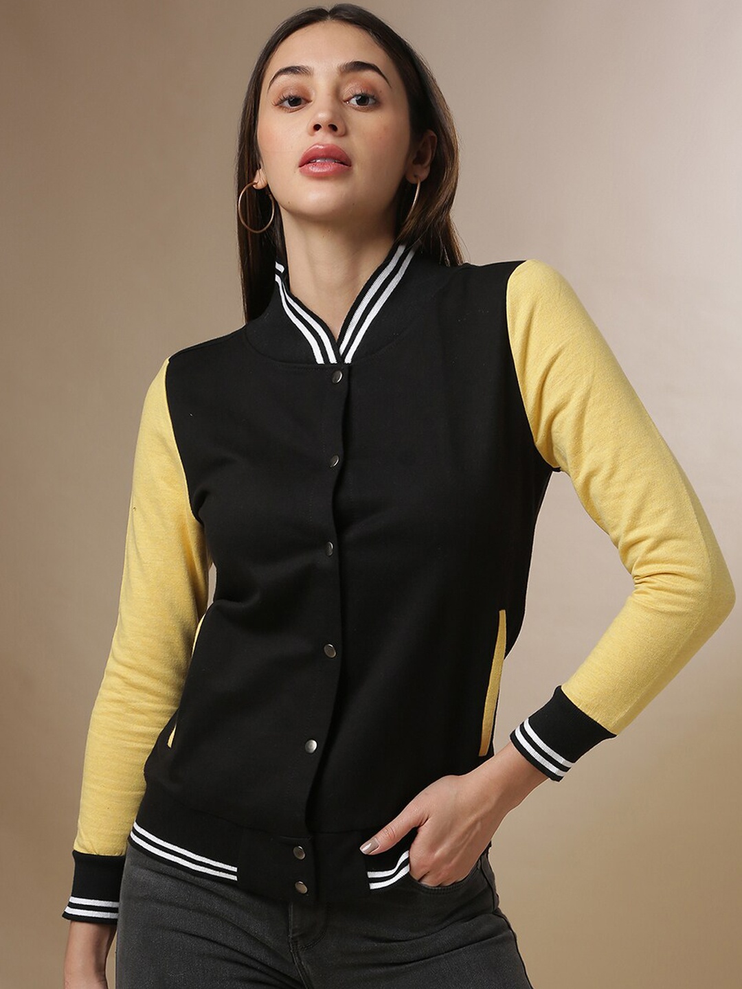 

Campus Sutra Women Black Yellow Windcheater Bomber Jacket