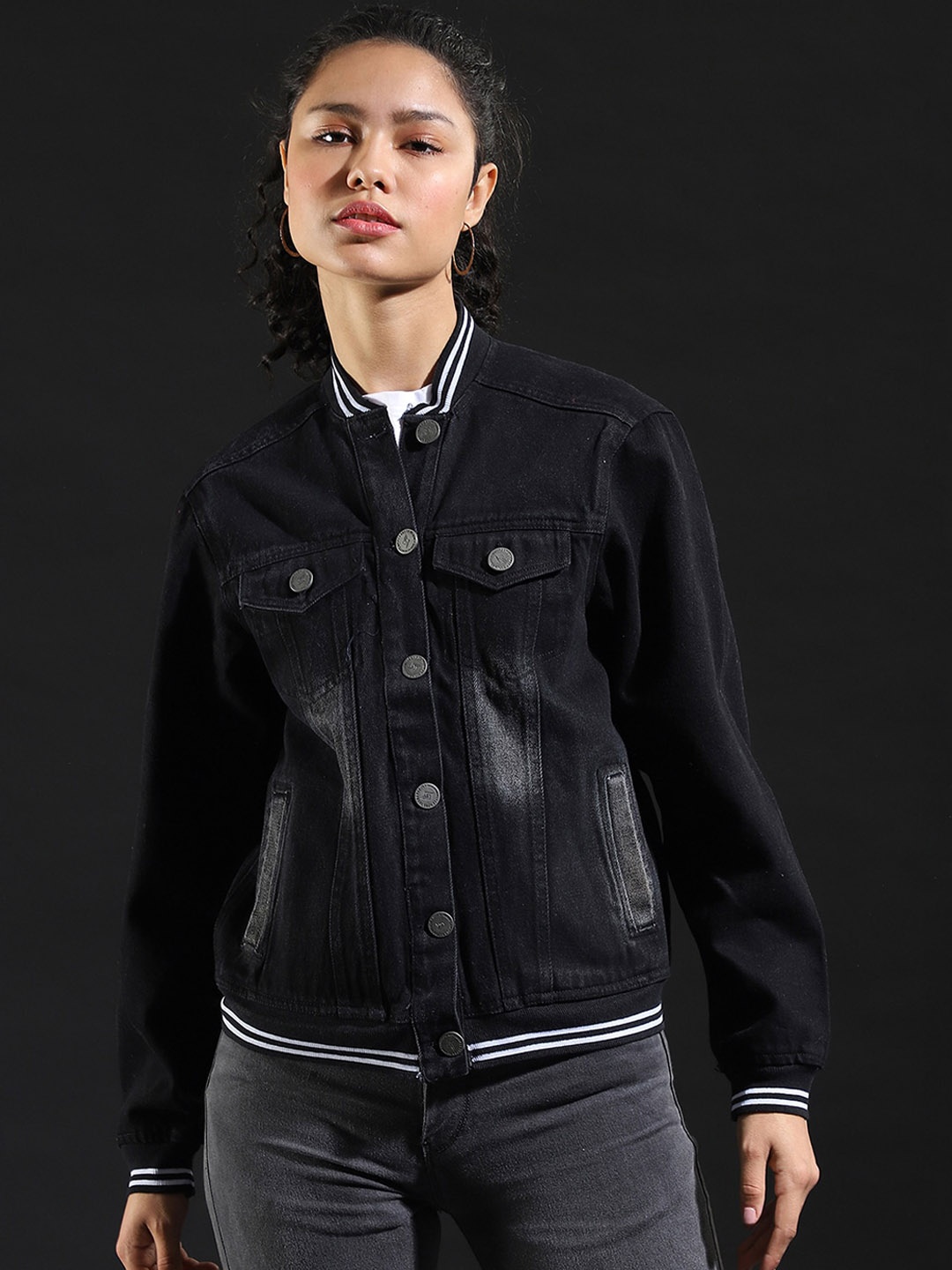 

Campus Sutra Women Black Washed Windcheater Denim Jacket
