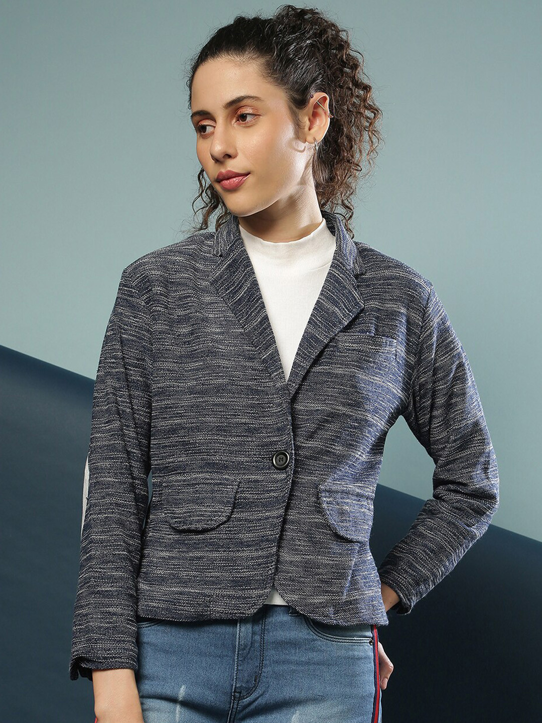 

Campus Sutra Women Blue Self Design Fit Single Breasted Blazer