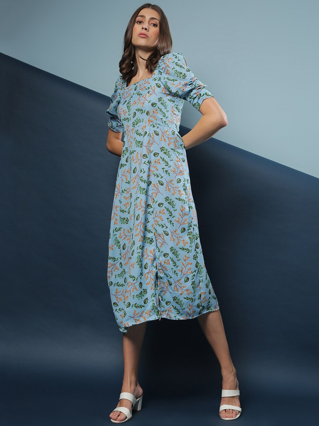 

Campus Sutra Blue & Green Floral A-Line Midi Dress