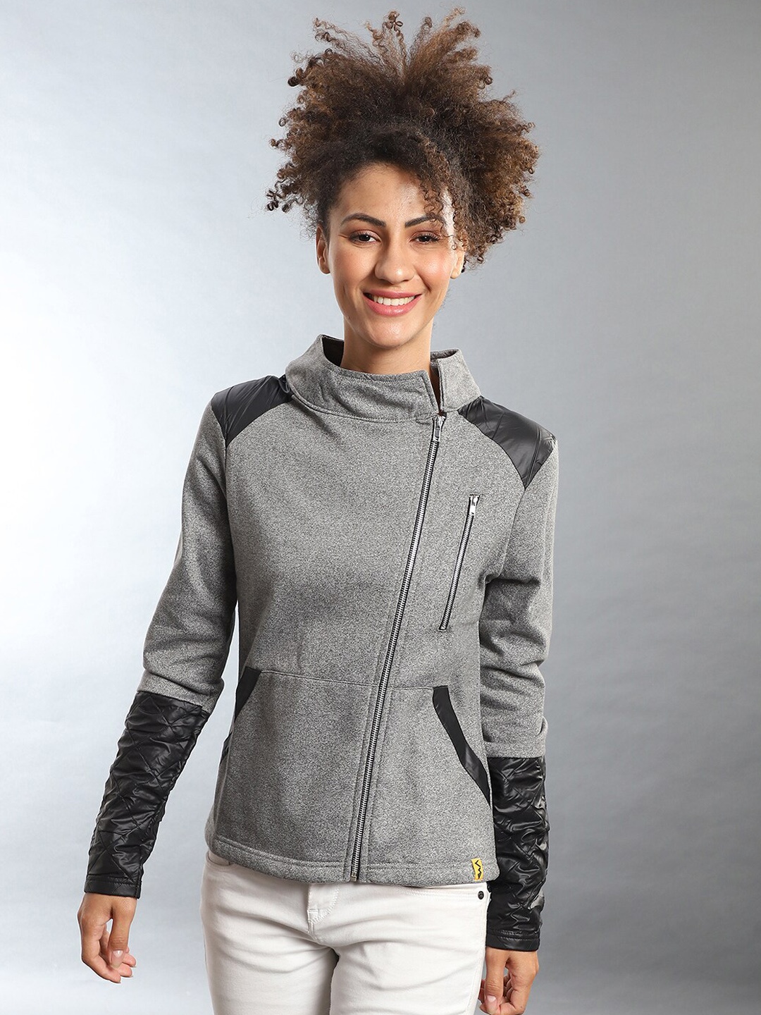 

Campus Sutra Women Grey Windcheater Crop Cotton Bomber Jacket