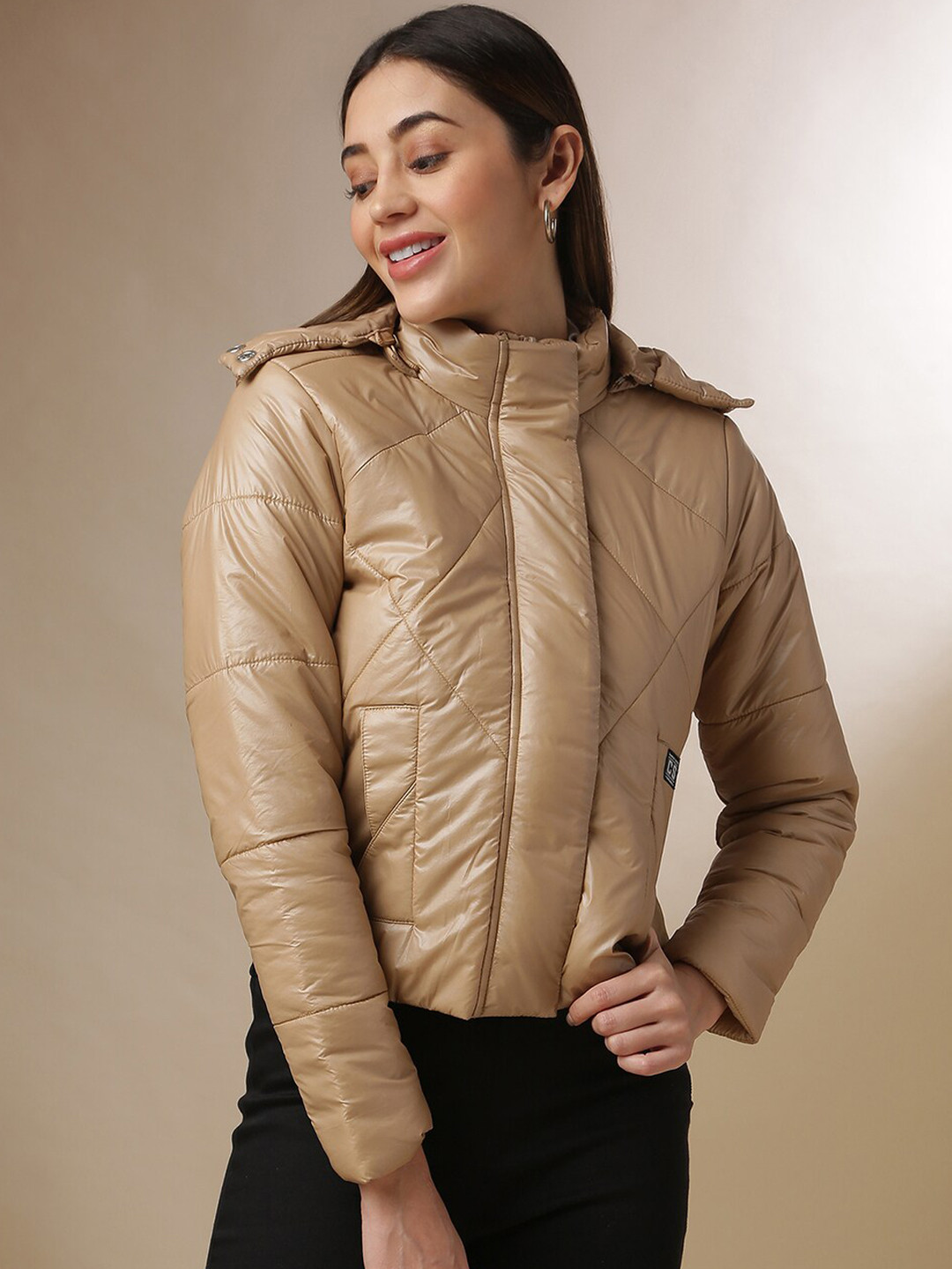 

Campus Sutra Women Beige Windcheater Crop Bomber Jacket