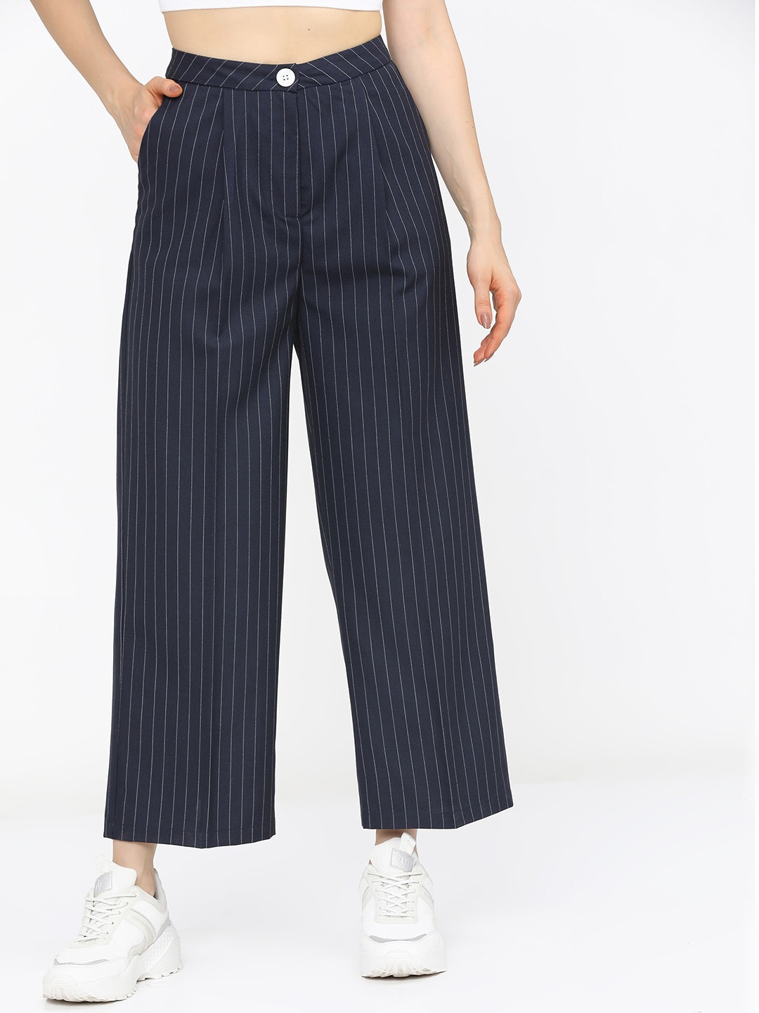 

Tokyo Talkies Women Navy Blue Striped Flared Pleated Parallel Trousers