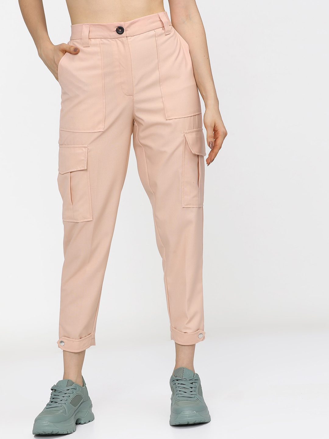 

Tokyo Talkies Women Peach-Coloured Solid Tapered Fit Cargos Trousers