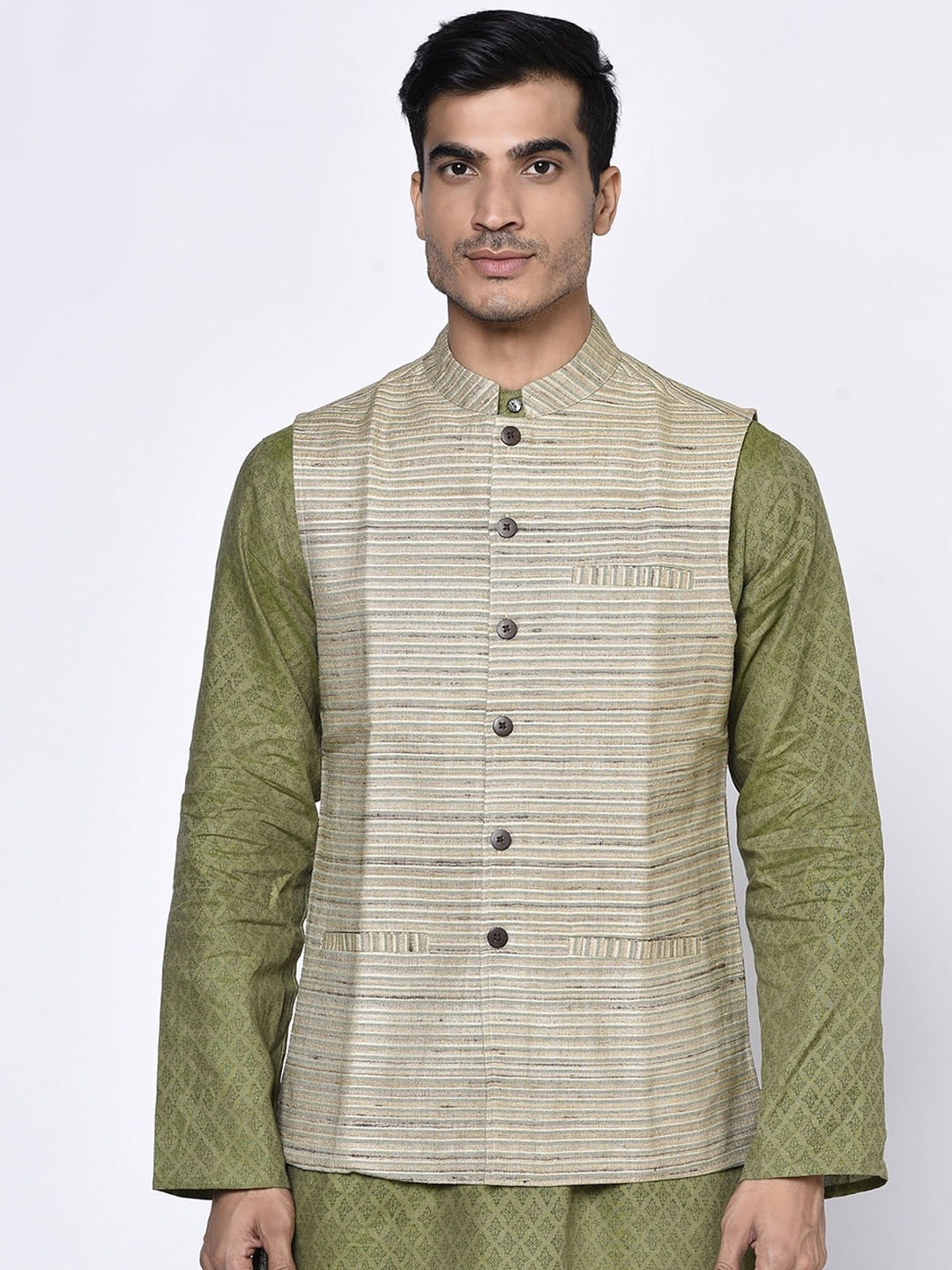 

Fabindia Men Beige & Grey Striped Pure Silk Nehru Jacket