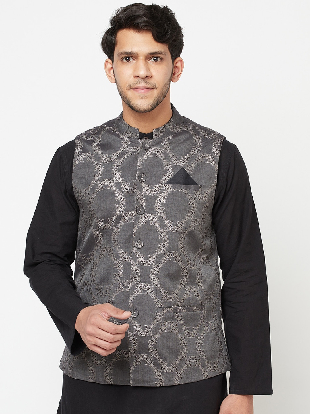 

Fabindia Men Grey & Black Woven Design Nehru Jacket