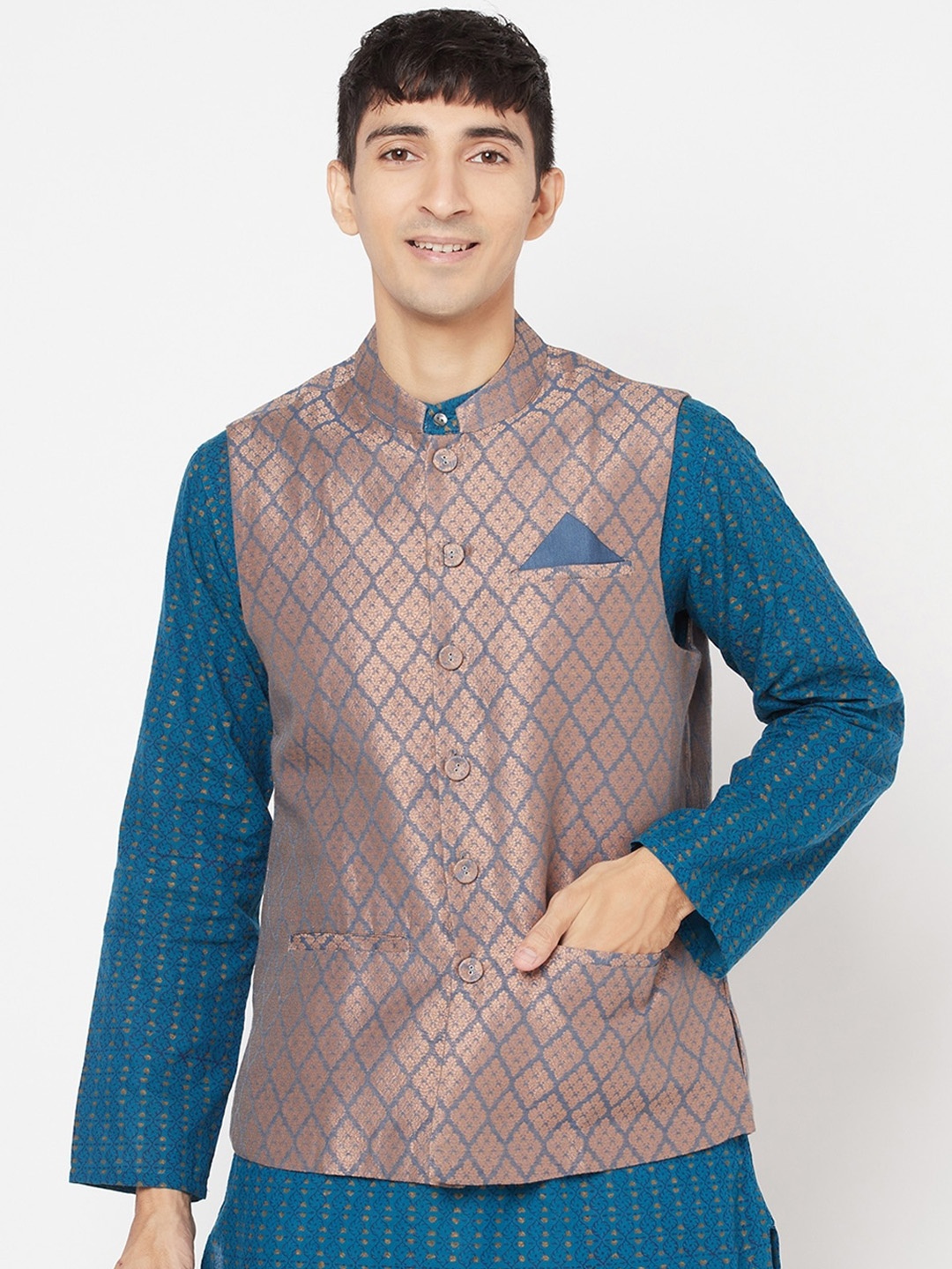 

Fabindia Men Blue & Bronze-Toned Coloured Brocade Woven Nehru Jacket