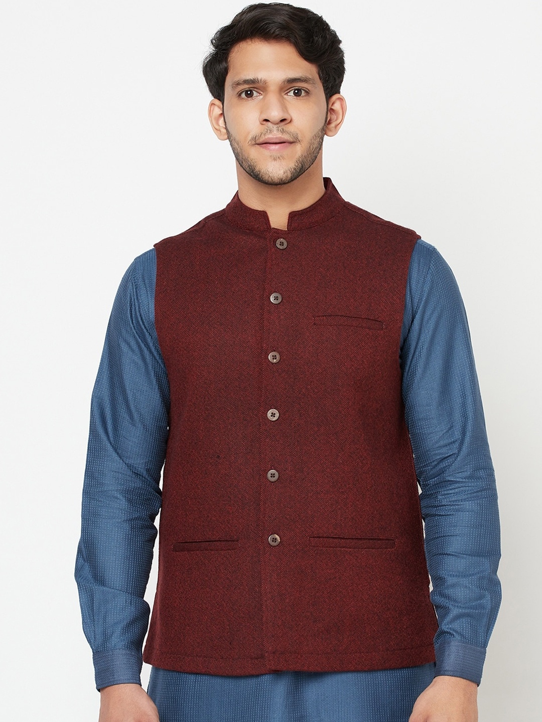 

Fabindia Men Maroon Woven-Design Pure Wool Nehru Jacket
