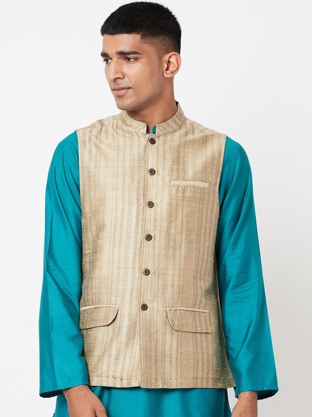 

Fabindia Men Beige & Grey Striped Pure Silk Woven Nehru Jacket